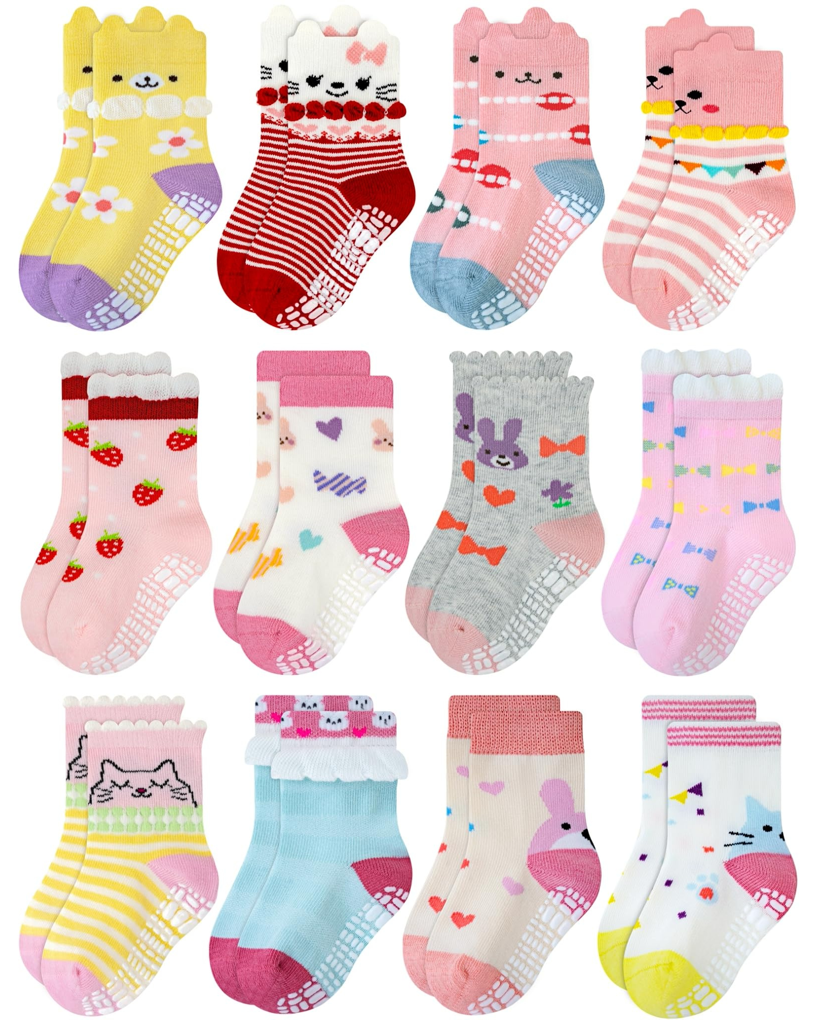 RATIVE Non Skid Anti Slip Cotton Dress Crew Socks With Grips For Baby Infant Toddler Kids Girls (12-pairs/RG-820726)