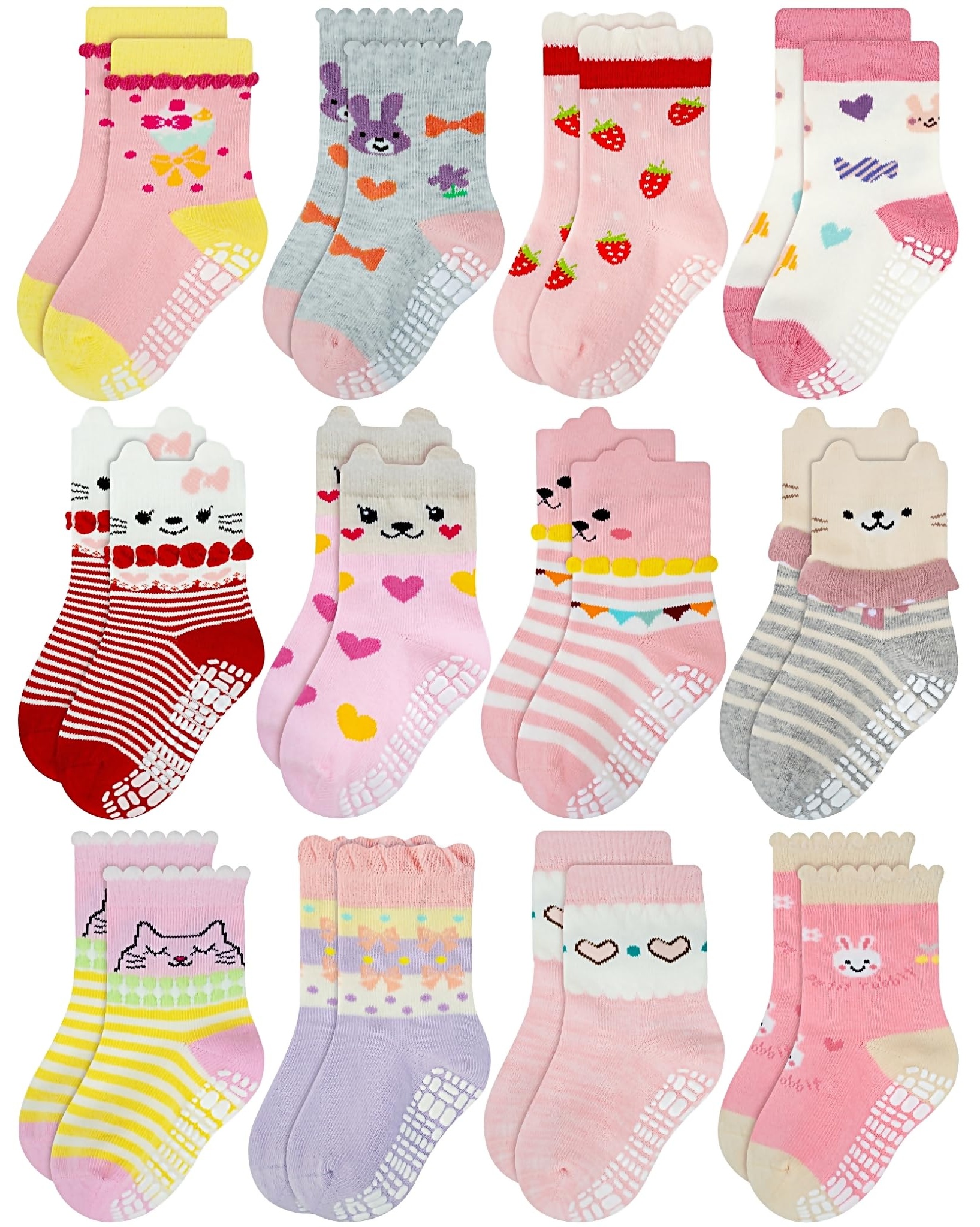 RATIVE Non Skid Anti Slip Cotton Dress Crew Socks with Grips for Baby Infant Toddler Kids Girls (RG-820821)