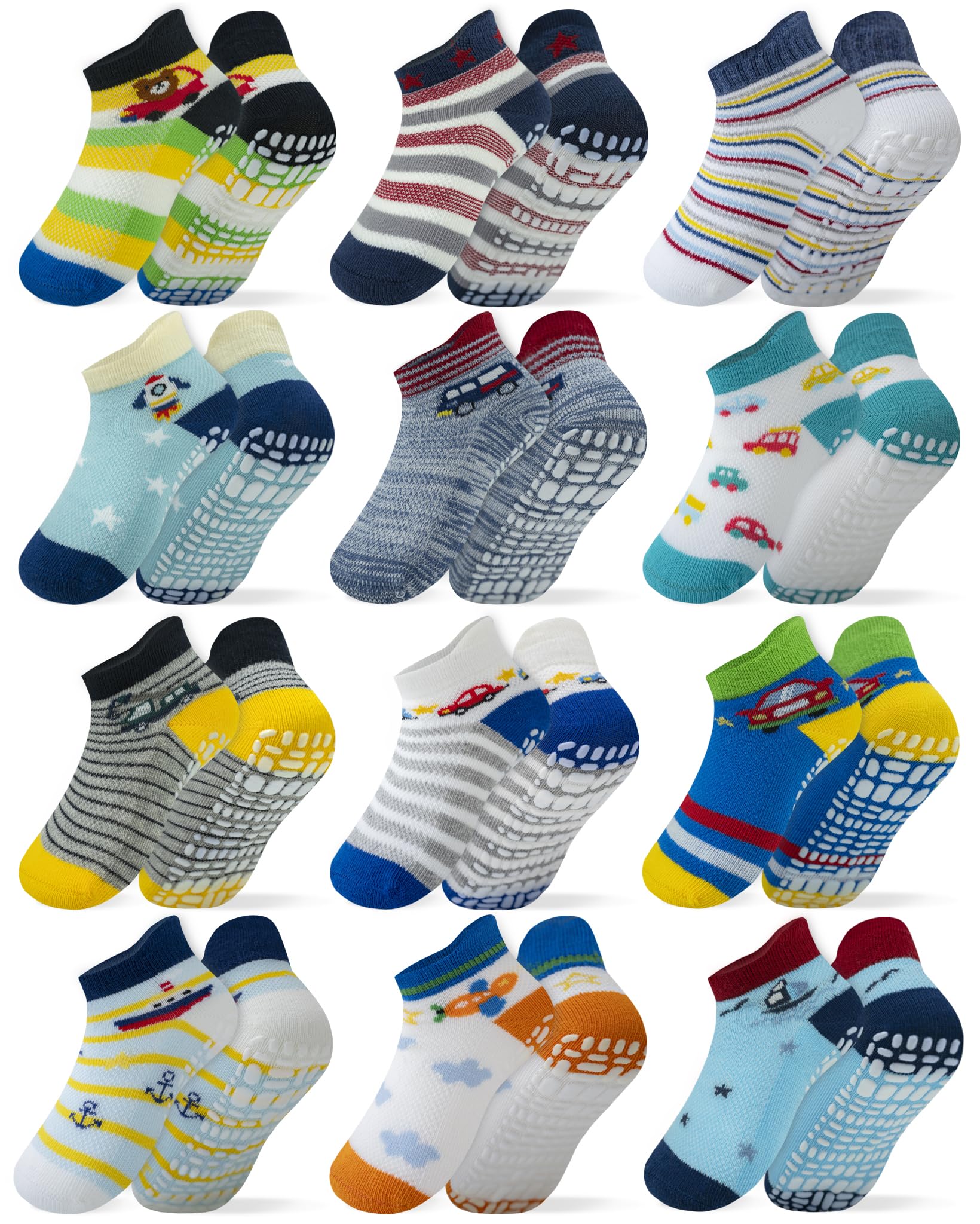 RATIVE Ankle Anti Slip Non Skid Organic Cotton Socks with Grips Grippers (12-Pairs/Vehicle)