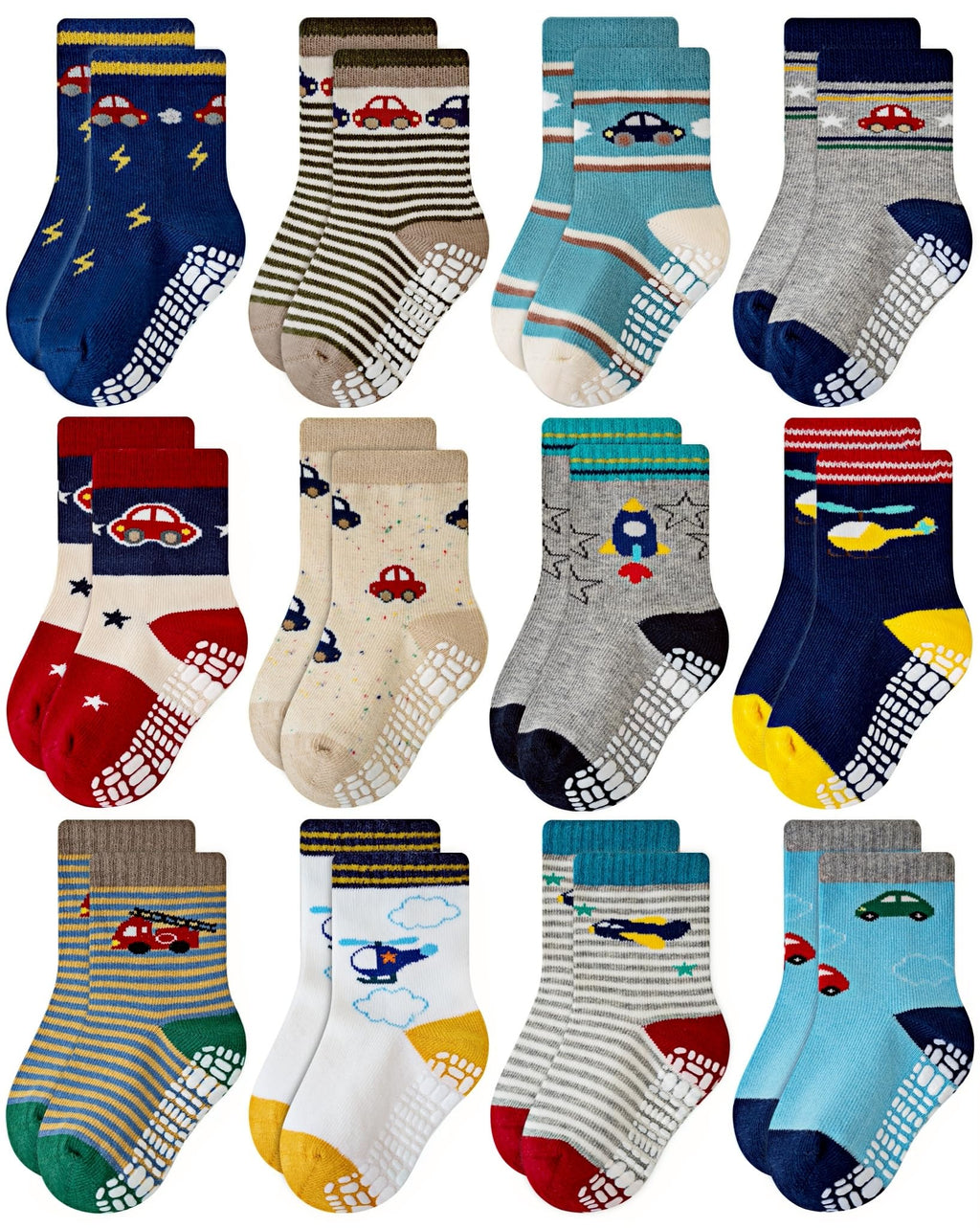 RATIVE Non Skid Anti Slip Slipper Cotton Crew Dress Socks With Grips for Baby Toddlers Kids Boys (12-pairs/RB-71112)