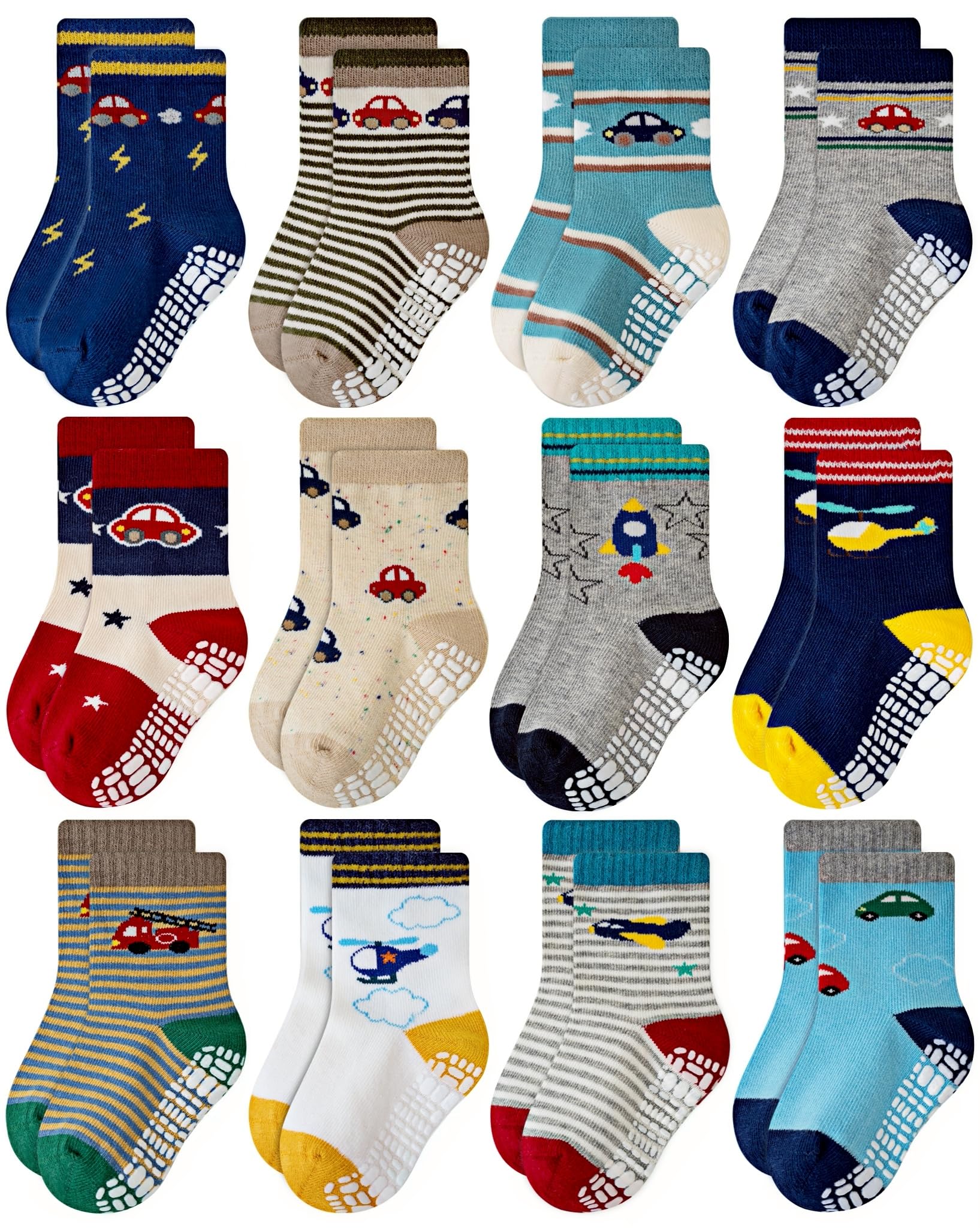 RATIVE Non Skid Anti Slip Slipper Cotton Crew Dress Socks With Grips for Baby Toddlers Kids Boys (12-pairs/RB-71112)