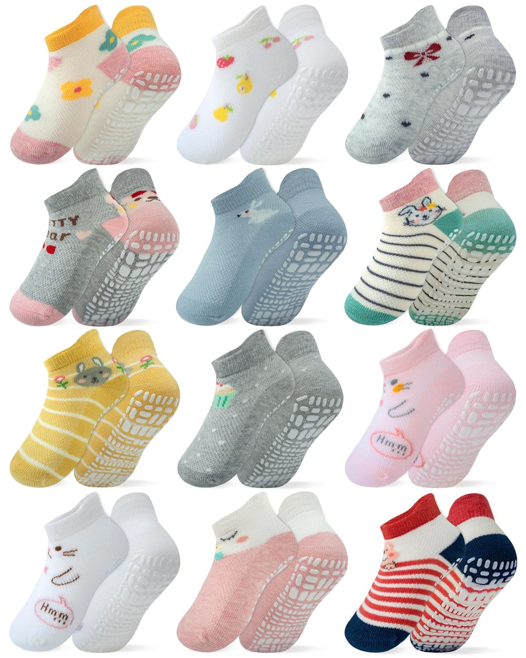 RATIVE Ankle Anti Slip Non Skid Organic Cotton Socks with Grips Grippers (12-Pairs/AG-200)