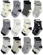 RATIVE Cotton Non Skid Anti Slip Crew Socks With Grips for Baby Infant Toddler Boys Girls (12-pairs/245X)