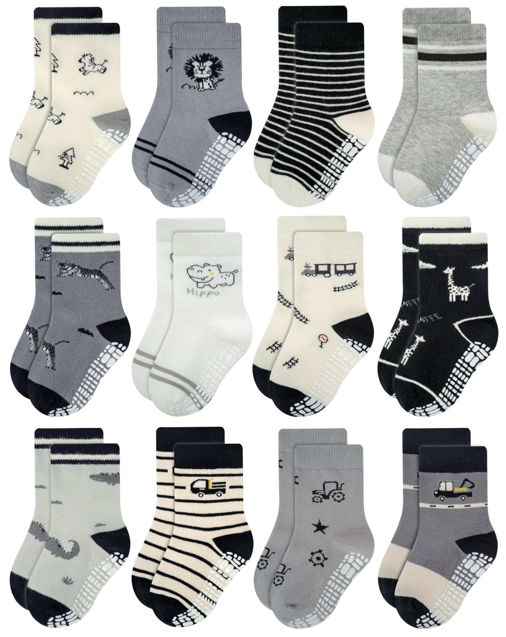 RATIVE Cotton Non Skid Anti Slip Crew Socks With Grips for Baby Infant Toddler Boys Girls (12-pairs/245X)