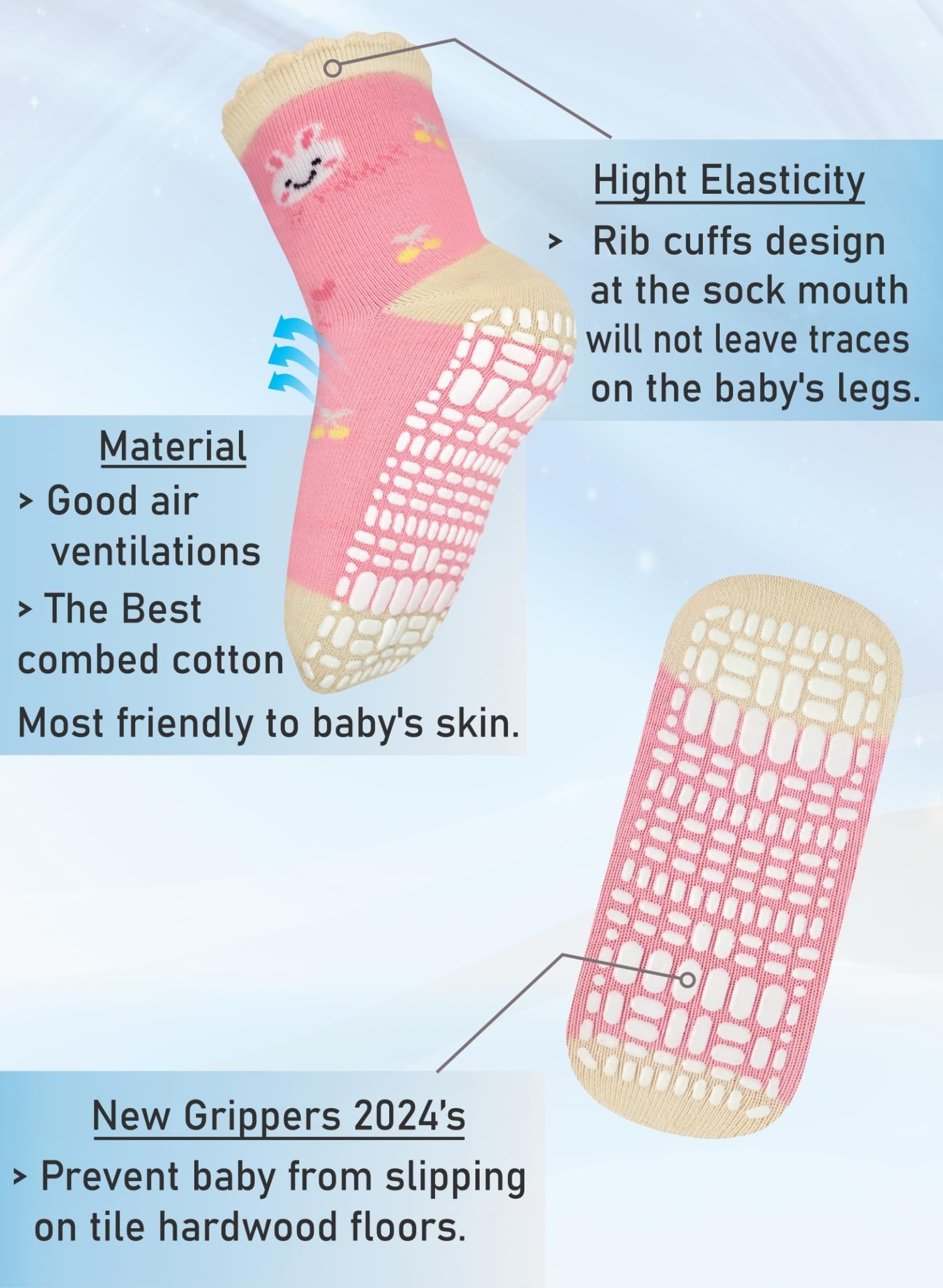 RATIVE Non Skid Anti Slip Cotton Dress Crew Socks with Grips for Baby Infant Toddler Kids Girls (RG-820821)