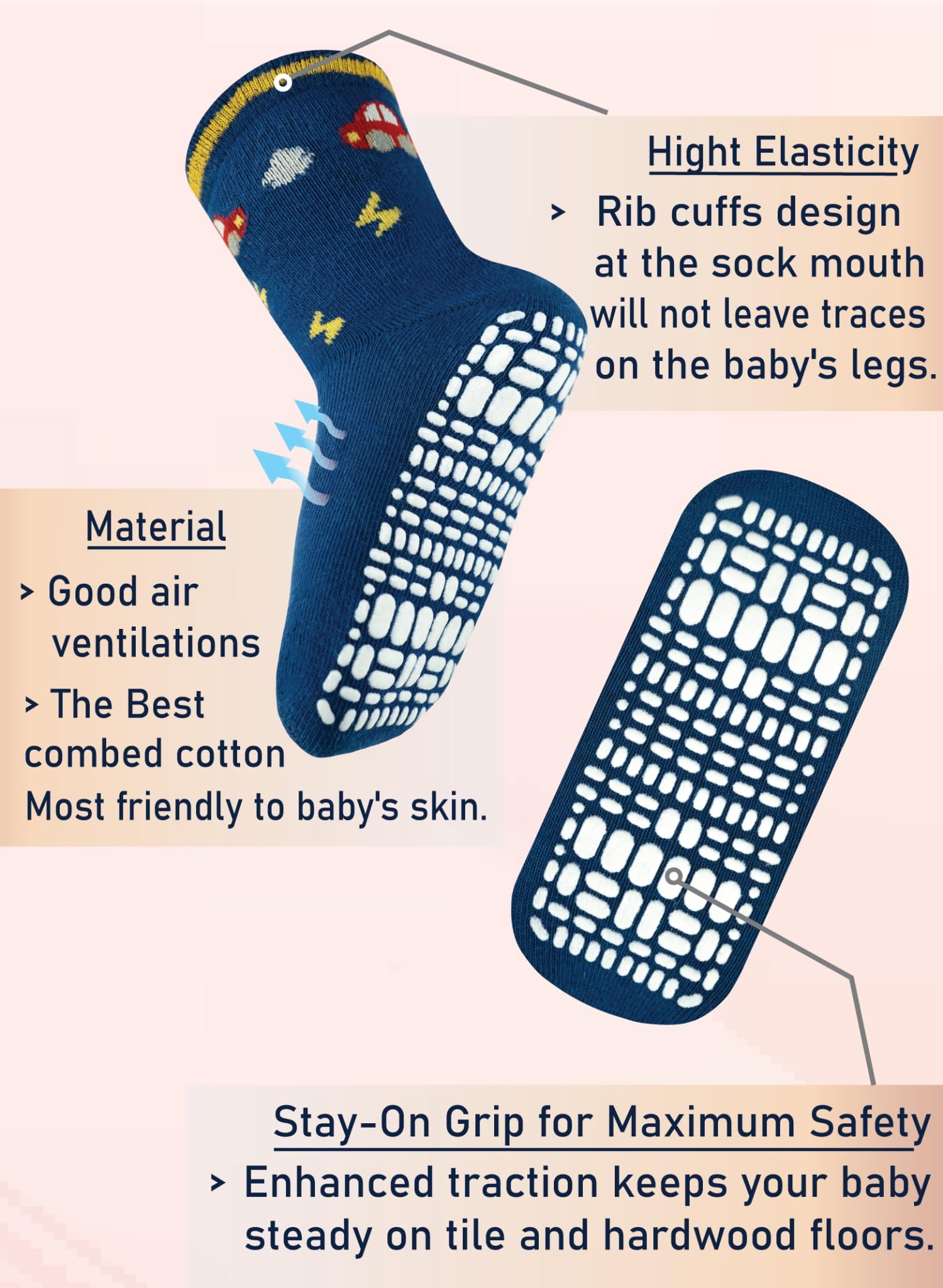 RATIVE Non Skid Anti Slip Slipper Cotton Crew Dress Socks With Grips for Baby Toddlers Kids Boys (12-pairs/RB-71112)