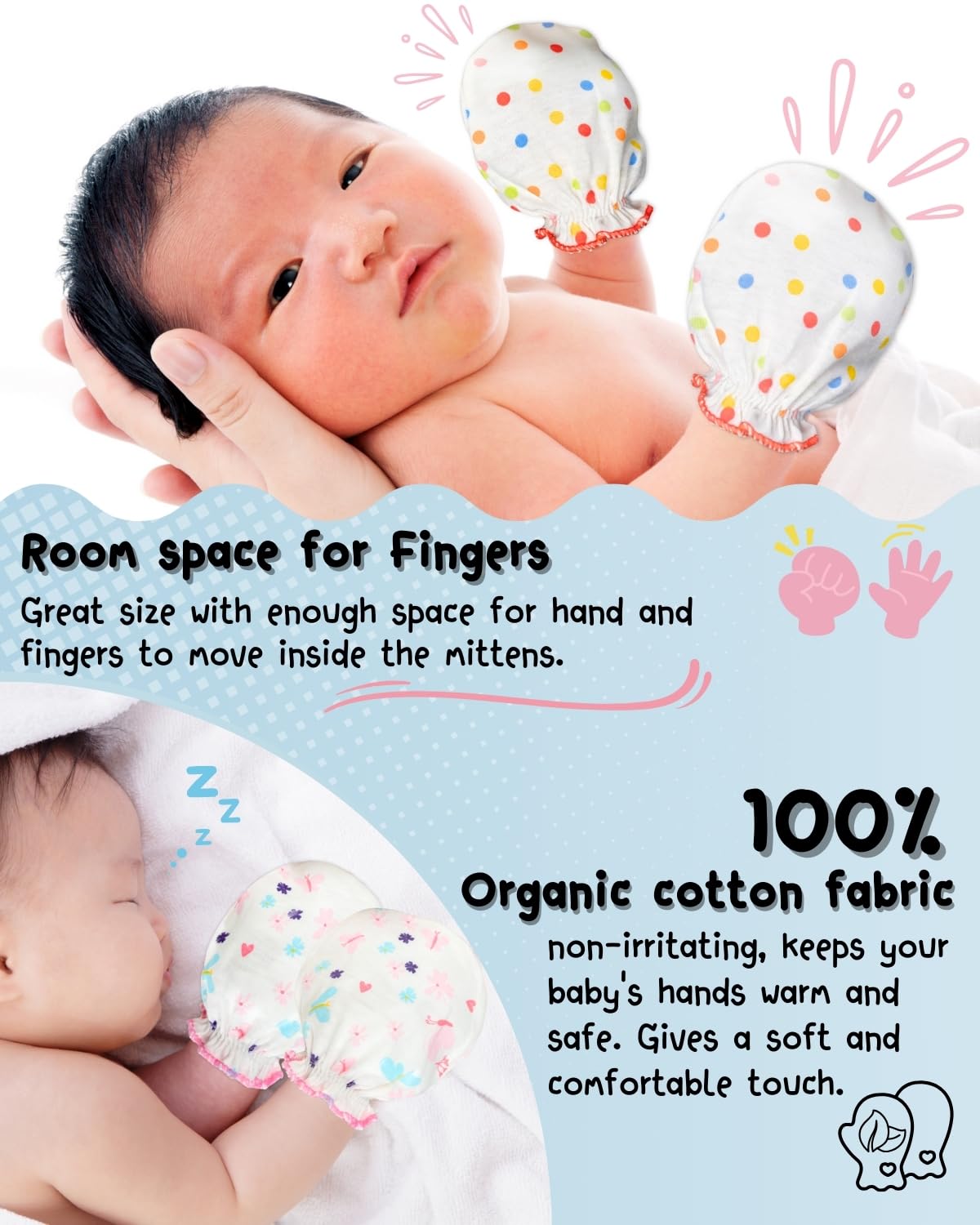 RATIVE Baby Mittens Newborn No Scratch Gloves, Organic Cotton Infant Mittens 0-6 Months, Soft Baby Gloves for Newborn Boy & Girl (6 pairs/white)