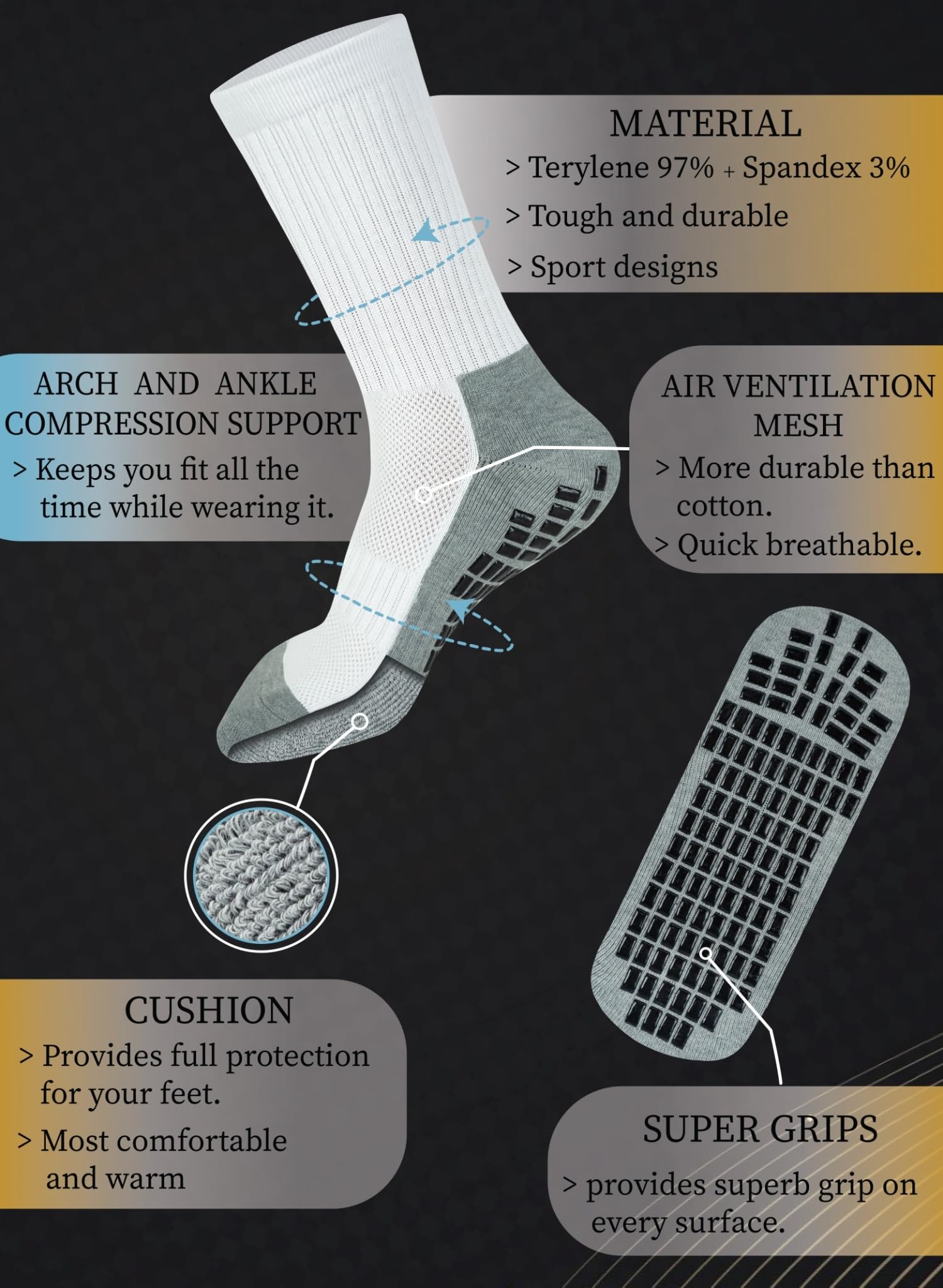 RATIVE Anti Slip Non Skid Slipper Hospital Crew Socks with grips for Adults Men Women (3 pairs-white)