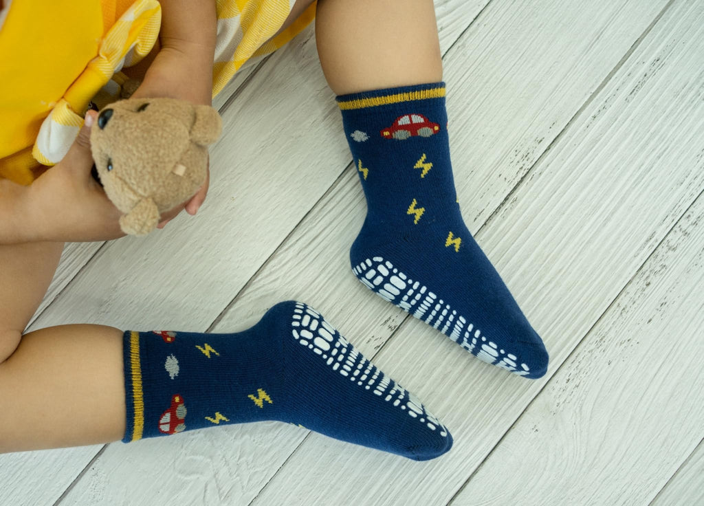 RATIVE Non Skid Anti Slip Slipper Cotton Crew Dress Socks With Grips for Baby Toddlers Kids Boys (12-pairs/RB-71112)