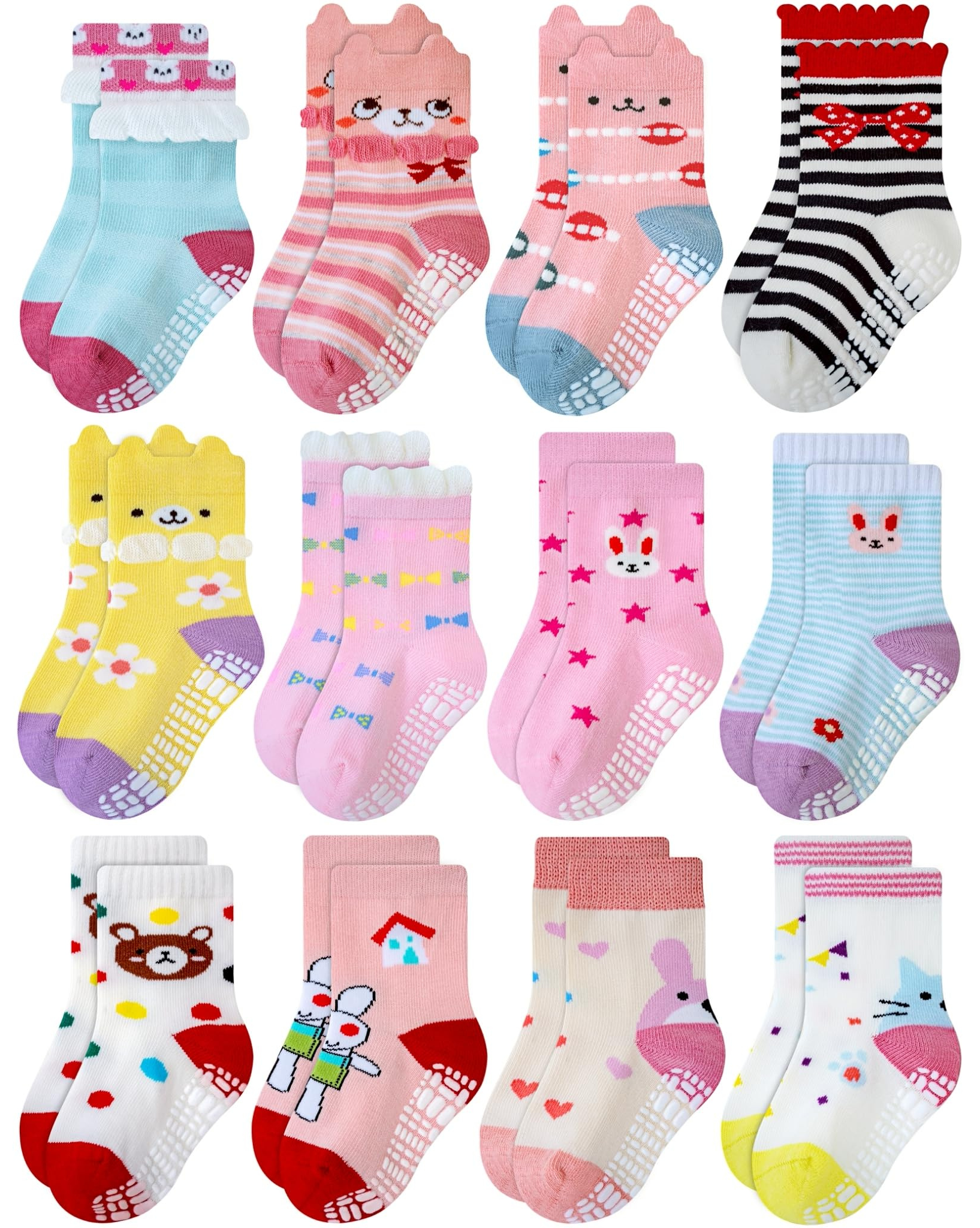 RATIVE Non Skid Anti Slip Cotton Dress Crew Socks With Grips For Baby Infant Toddler Kids Girls (RG-726727)