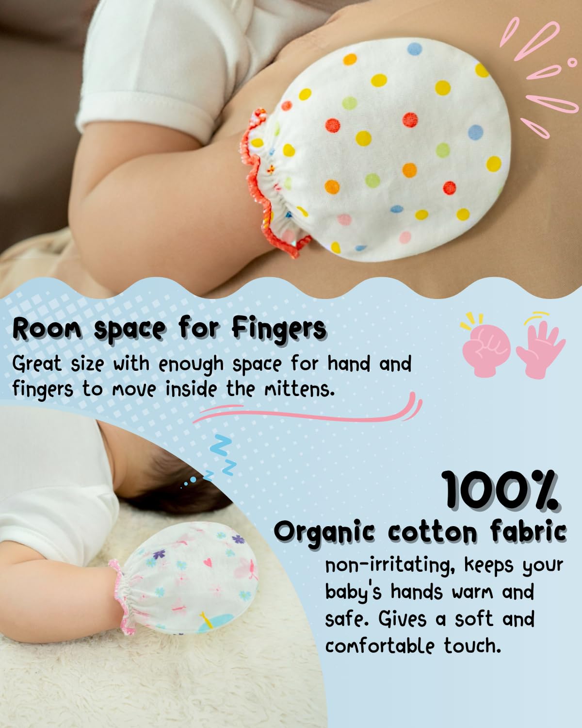 RATIVE Baby Mittens Newborn No Scratch Gloves, Organic Cotton Infant Mittens 0-6 Months, Soft Baby Gloves for Newborn Boy & Girl (9 Pairs/white)