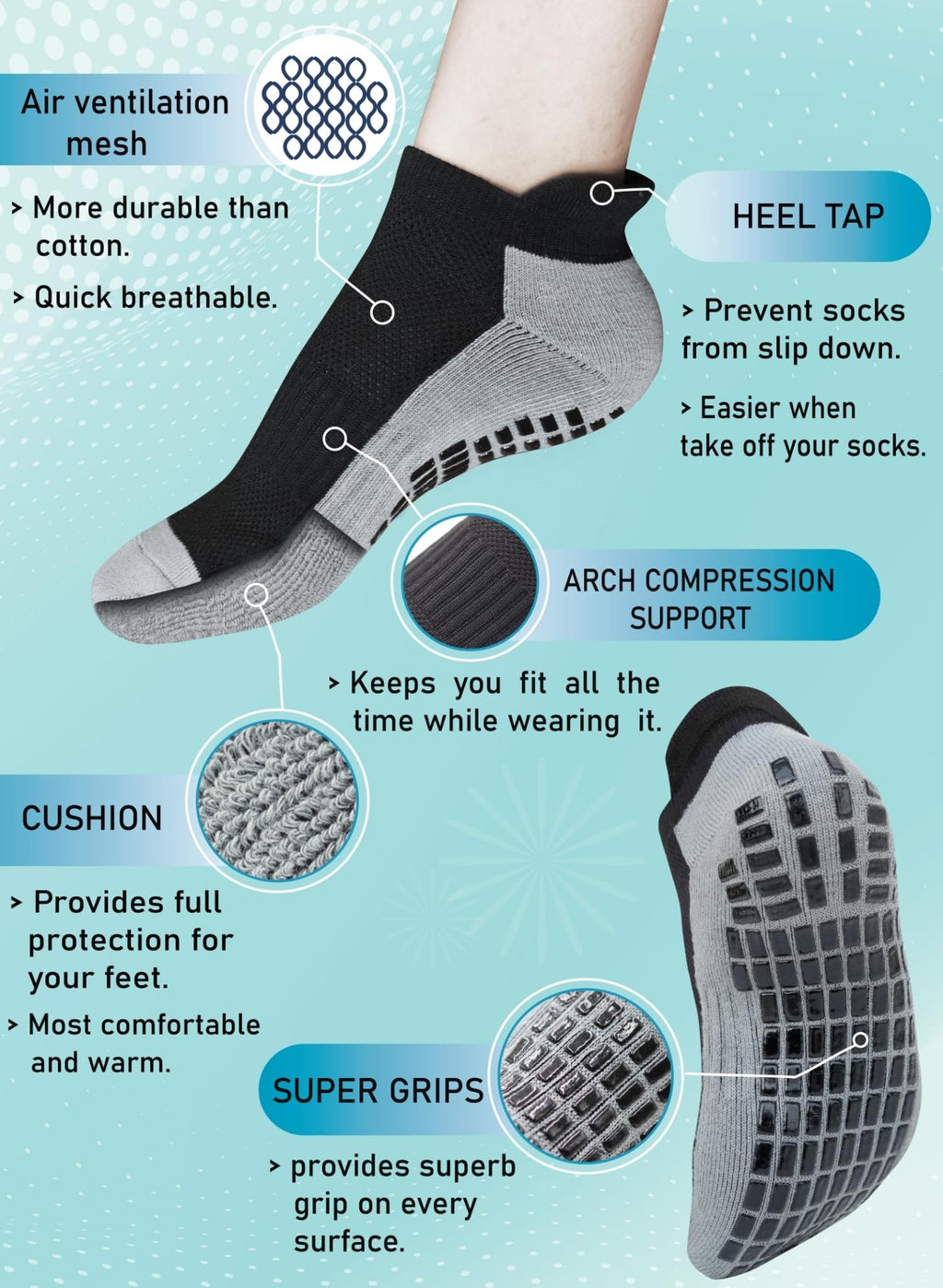 RATIVE Super Grips Anti Slip Non Skid Yoga Hospital Socks for Adults Men Women (3-Pairs/Black+White+Navy)