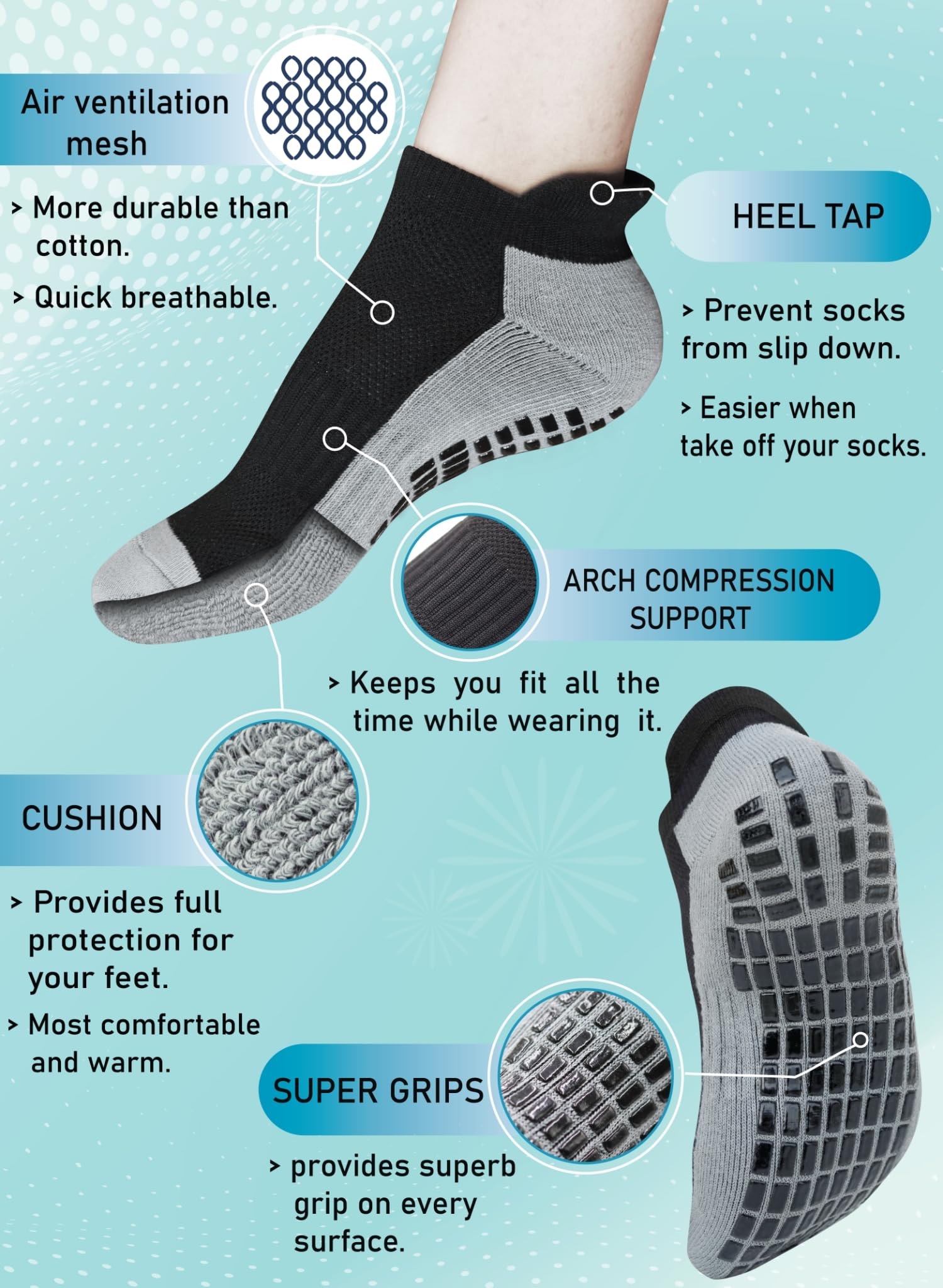 RATIVE Super Grips Anti Slip Non Skid Yoga Hospital Socks for Adults Men Women (3-Pairs/Black+White+Navy)
